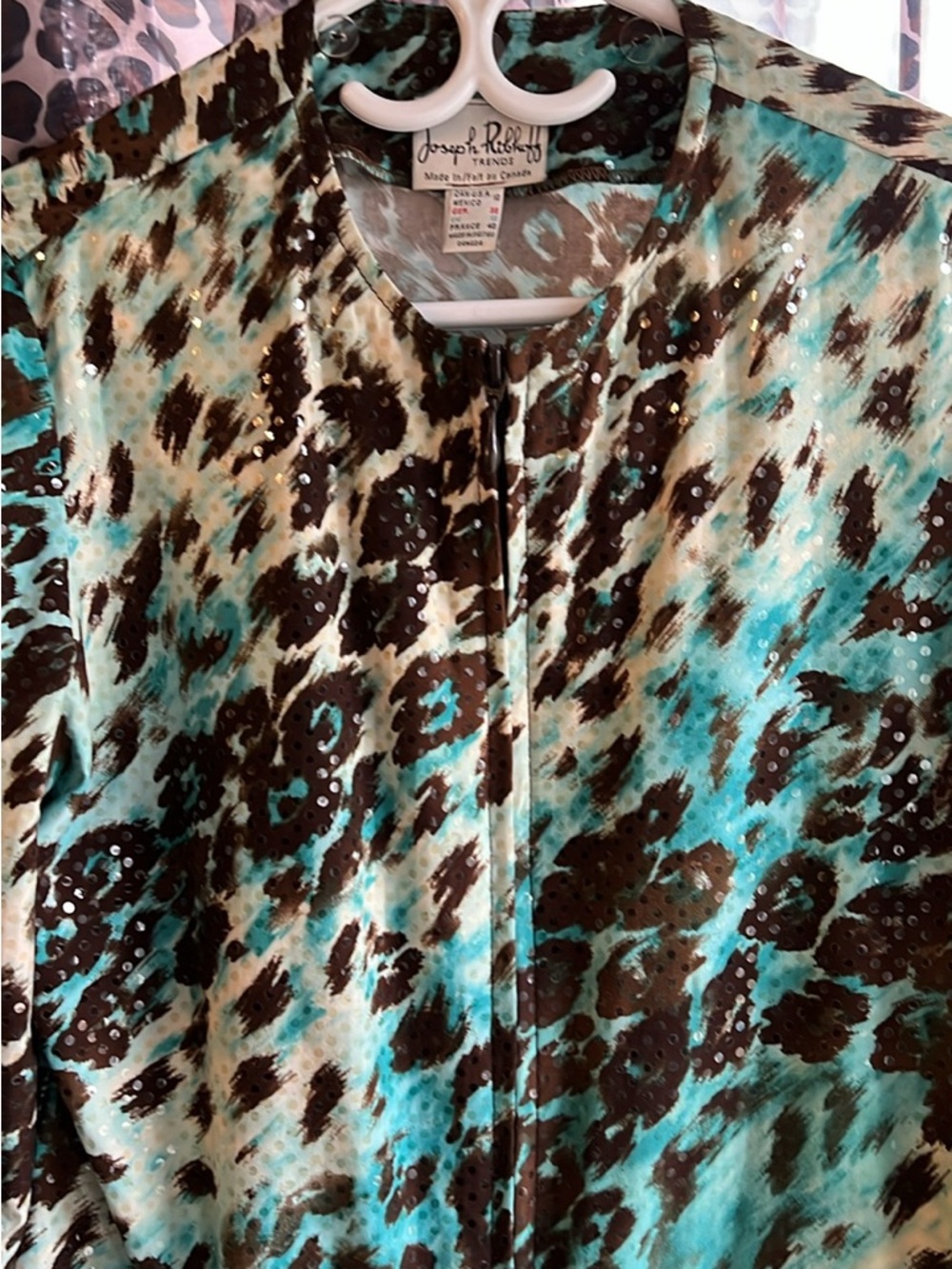 Joseph Ribkoff Teal and Brown Animal-Print Zip Jacket